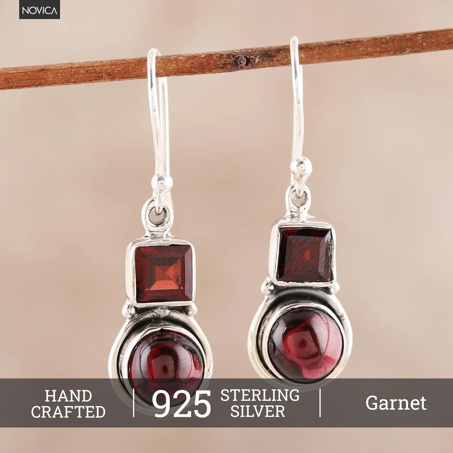 NOVICA Handmade .925 Sterling Silver Garnet Dangle Earrings Square Circular from India Gemstone [1.1 in L x 0.3 in W x 0.2 in D]