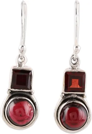 NOVICA Handmade .925 Sterling Silver Garnet Dangle Earrings Square Circular from India Gemstone [1.1 in L x 0.3 in W x 0.2 in D]