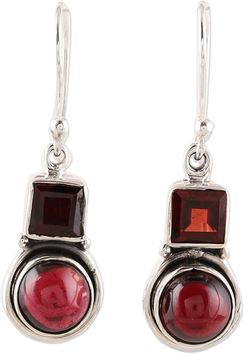 NOVICA Handmade .925 Sterling Silver Garnet Dangle Earrings Square Circular from India Gemstone [1.1 in L x 0.3 in W x 0.2 in D]