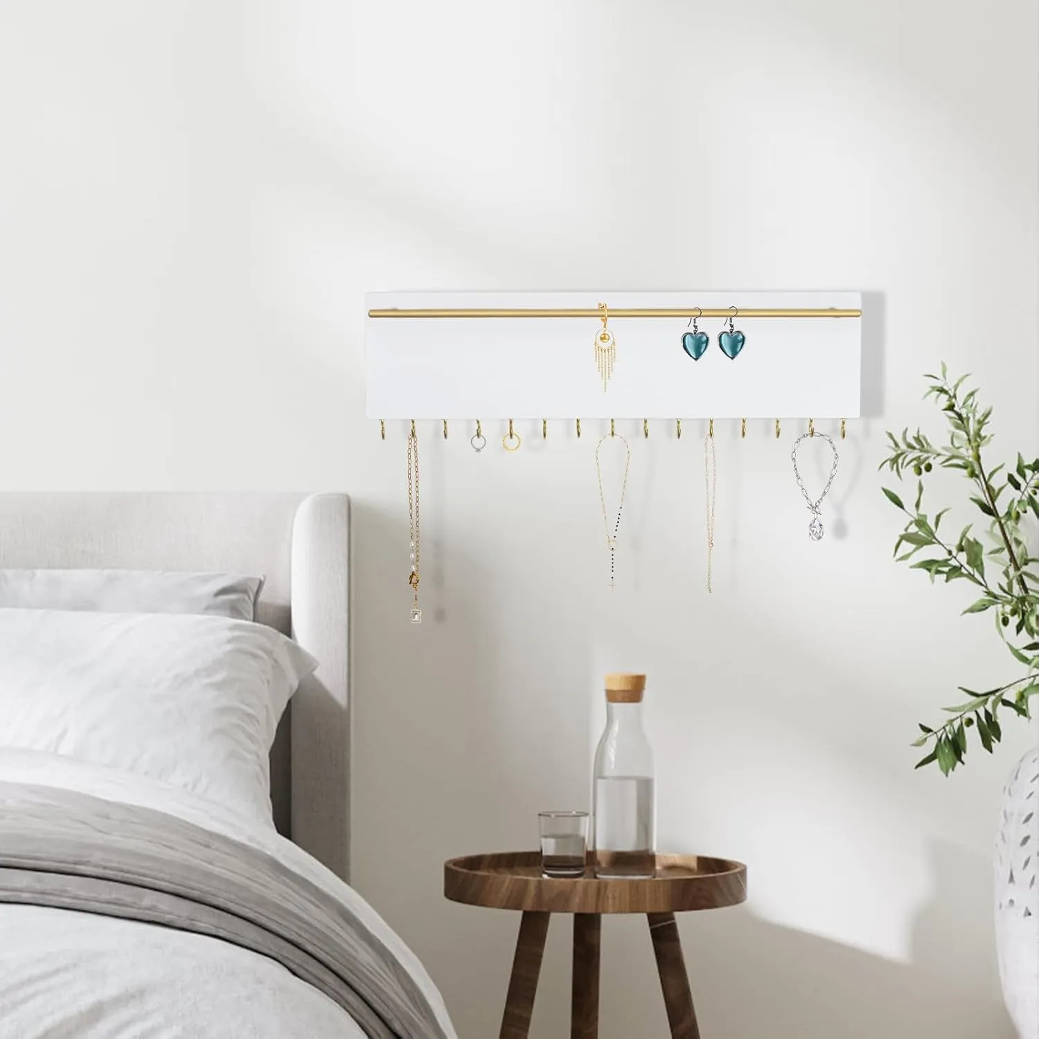 SANY DAYO HOME 15 Hooks Necklace and Earring Holder Real Wood Wall Mount 13 x 4 inches White Jewelry Organizer with Gold Metal Earring Rod for Girls, Women, Men