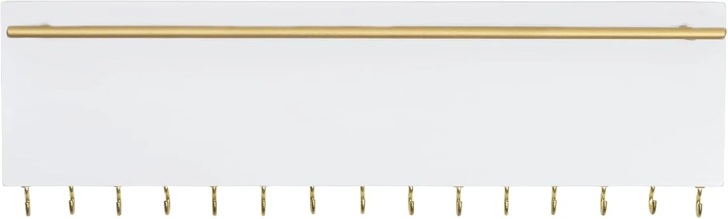 SANY DAYO HOME 15 Hooks Necklace and Earring Holder Real Wood Wall Mount 13 x 4 inches White Jewelry Organizer with Gold Metal Earring Rod for Girls, Women, Men