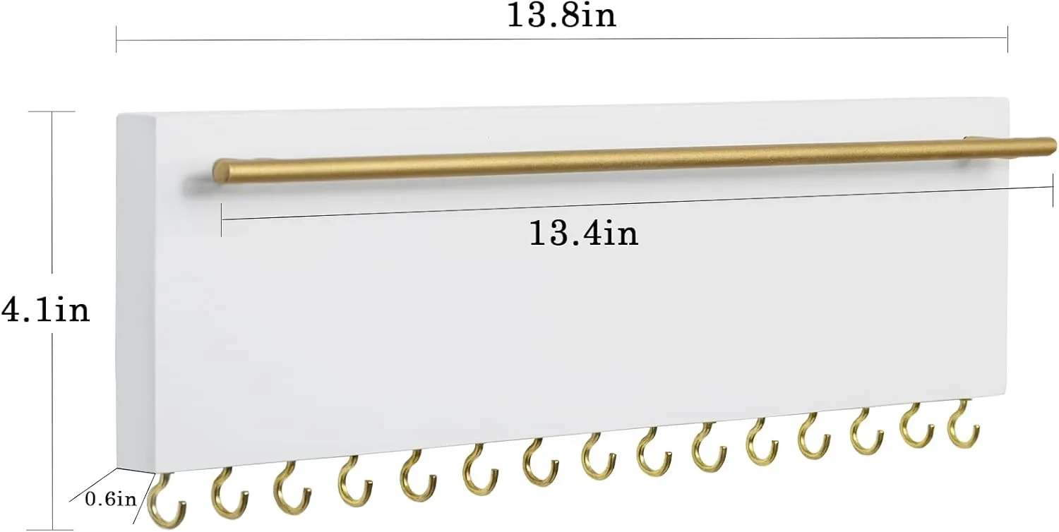 SANY DAYO HOME 15 Hooks Necklace and Earring Holder Real Wood Wall Mount 13 x 4 inches White Jewelry Organizer with Gold Metal Earring Rod for Girls, Women, Men