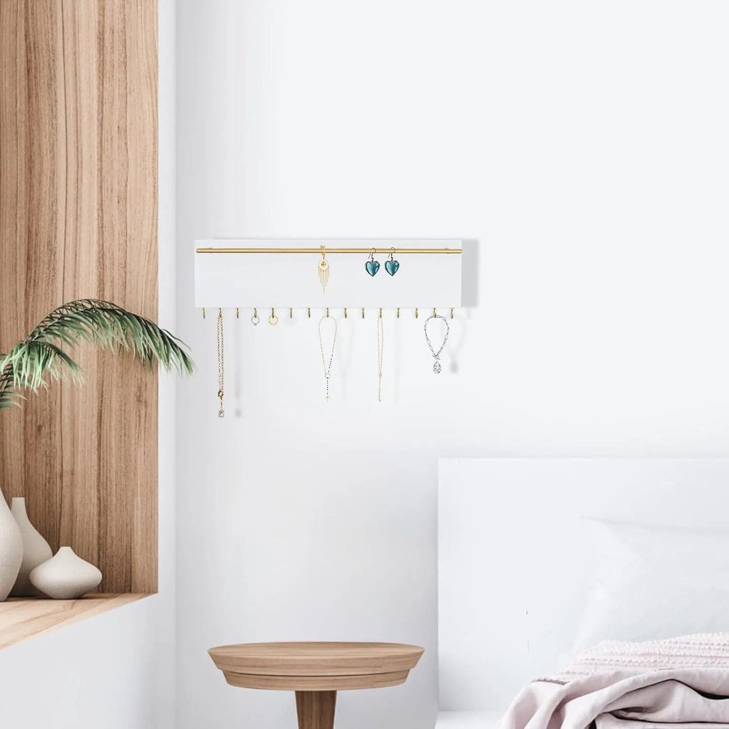 SANY DAYO HOME 15 Hooks Necklace and Earring Holder Real Wood Wall Mount 13 x 4 inches White Jewelry Organizer with Gold Metal Earring Rod for Girls, Women, Men