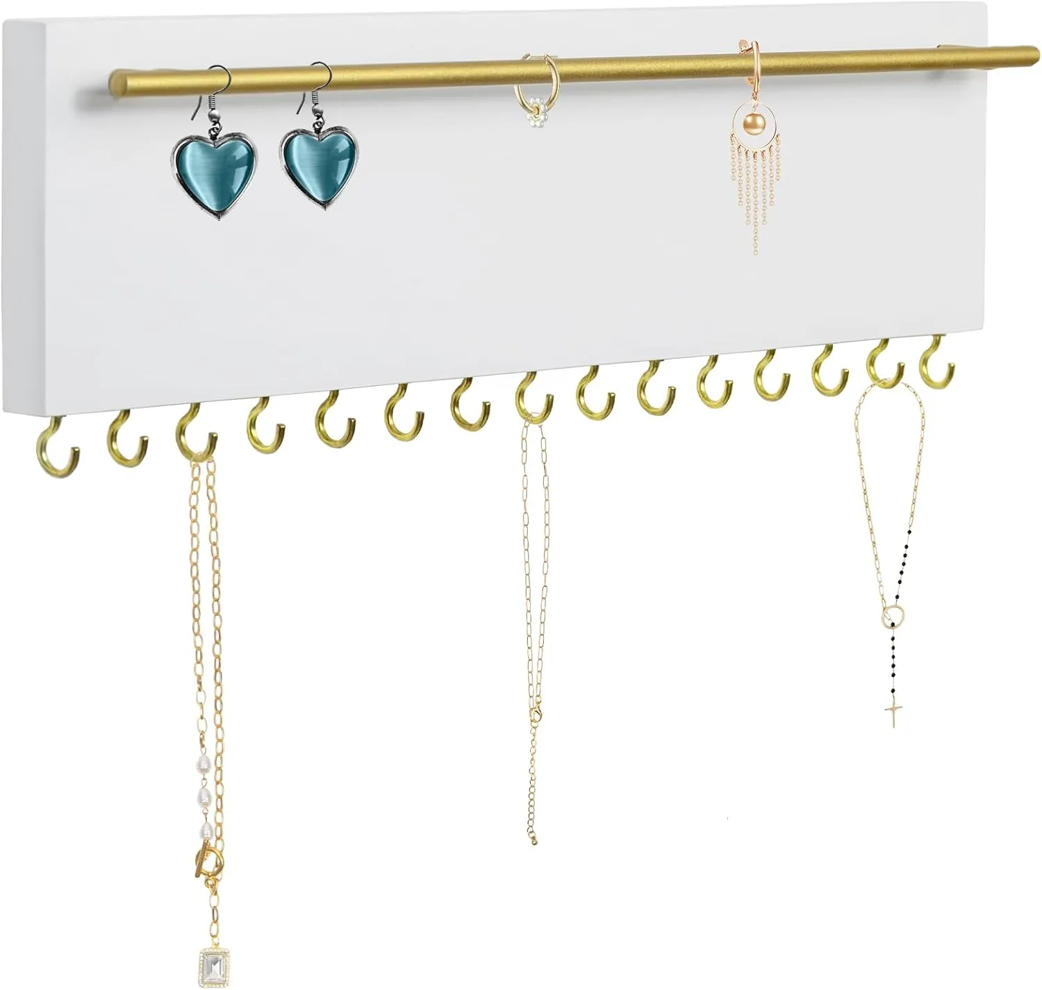 SANY DAYO HOME 15 Hooks Necklace and Earring Holder Real Wood Wall Mount 13 x 4 inches White Jewelry Organizer with Gold Metal Earring Rod for Girls, Women, Men