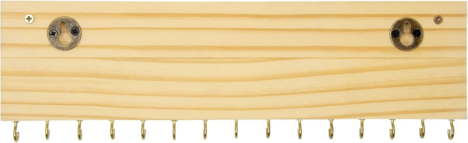SANY DAYO HOME 15 Hooks Necklace and Earring Holder Real Wood Wall Mount 13 x 4 inches White Jewelry Organizer with Gold Metal Earring Rod for Girls, Women, Men