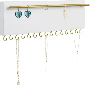 SANY DAYO HOME 15 Hooks Necklace and Earring Holder Real Wood Wall Mount 13 x 4 inches White Jewelry Organizer with Gold Metal Earring Rod for Girls, Women, Men