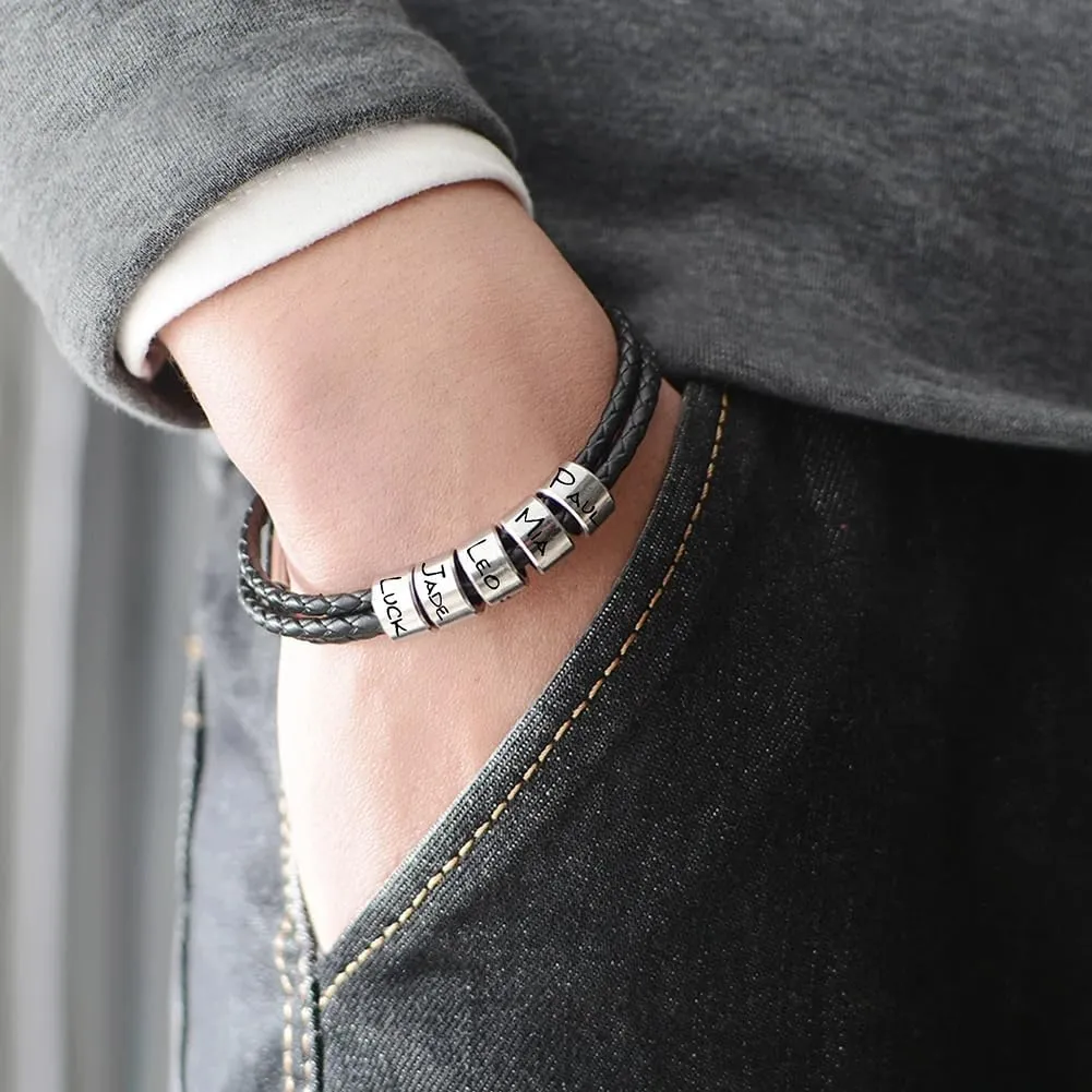 ShineSand Personalized Mens Leather Bracelet with Custom Beads, Customized Braid Leather Bracelet Engraved with Names for Men