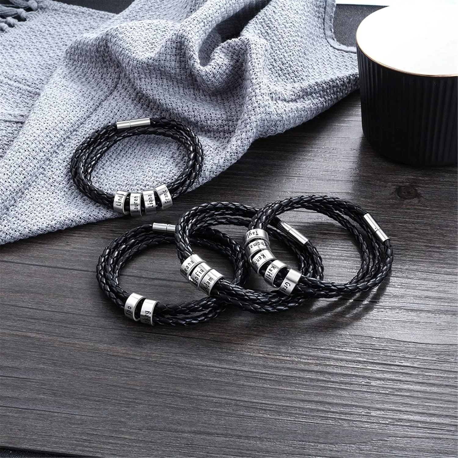 ShineSand Personalized Mens Leather Bracelet with Custom Beads, Customized Braid Leather Bracelet Engraved with Names for Men