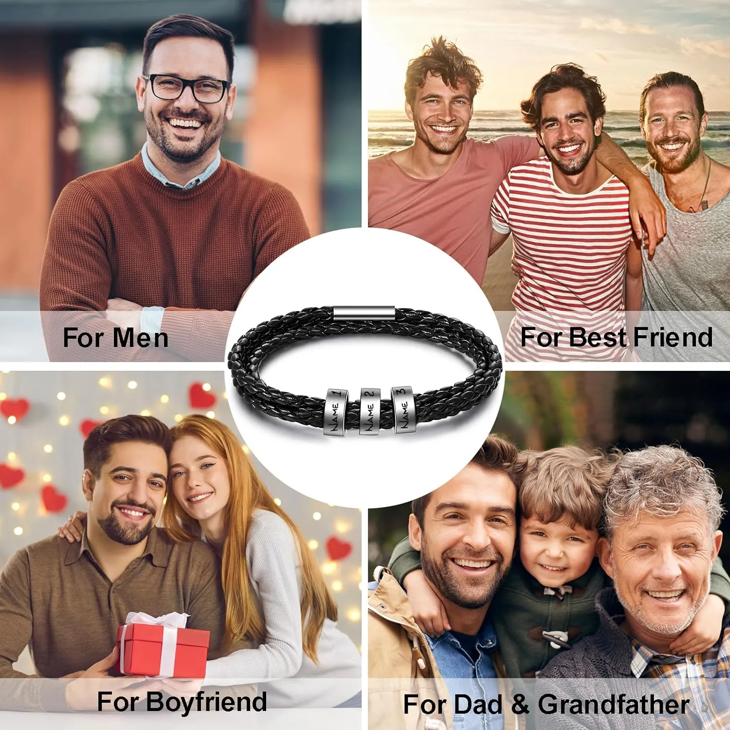 ShineSand Personalized Mens Leather Bracelet with Custom Beads, Customized Braid Leather Bracelet Engraved with Names for Men