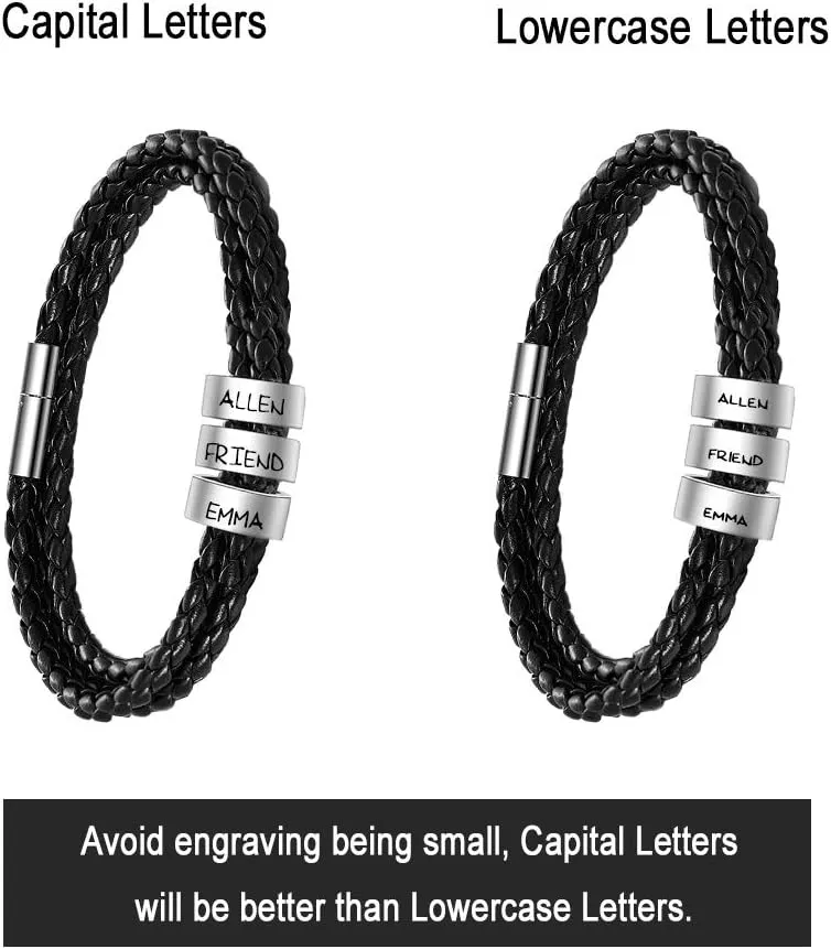 ShineSand Personalized Mens Leather Bracelet with Custom Beads, Customized Braid Leather Bracelet Engraved with Names for Men