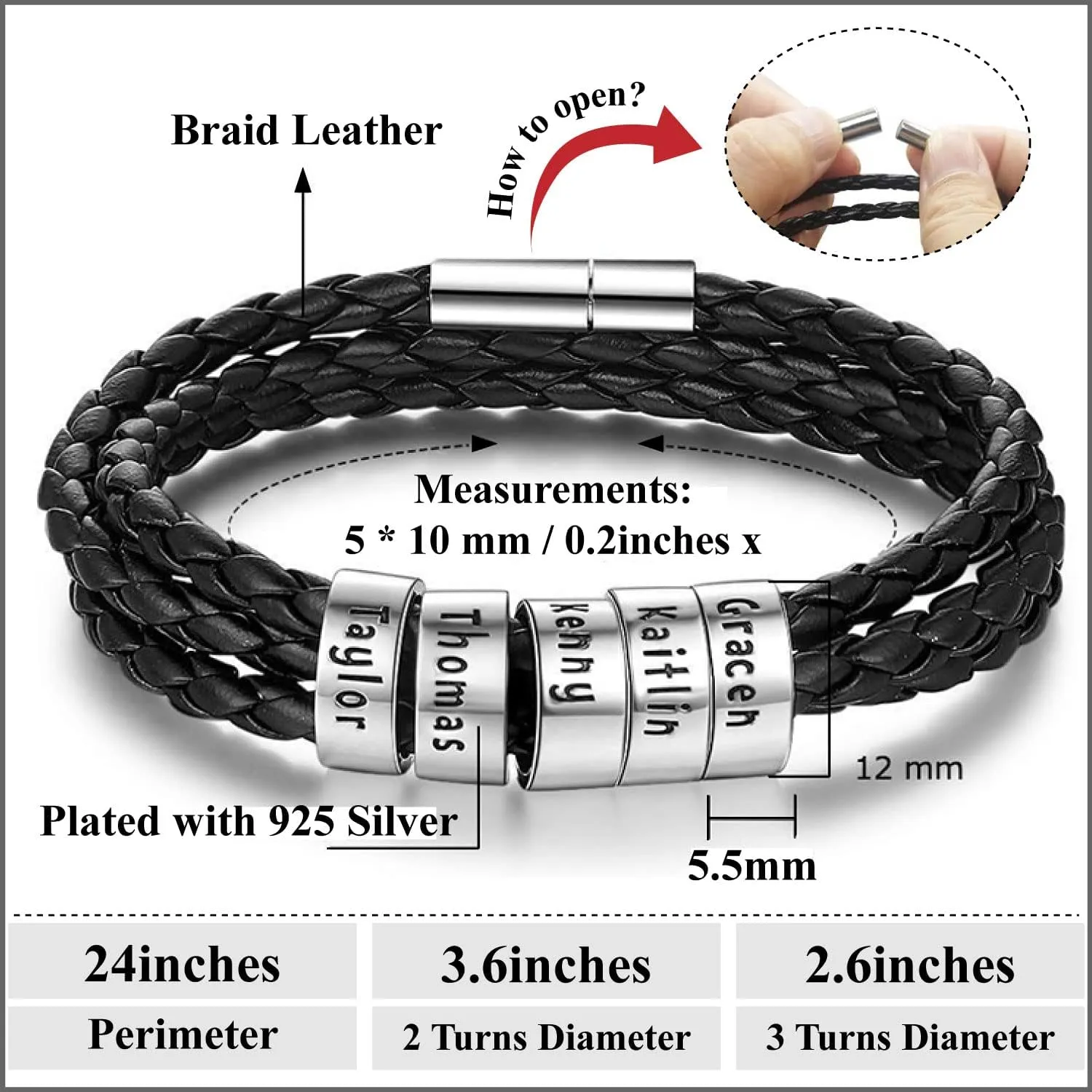 ShineSand Personalized Mens Leather Bracelet with Custom Beads, Customized Braid Leather Bracelet Engraved with Names for Men