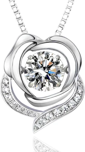 Silver Necklace for Women, Dancing Diamond Cubic Zirconia Rose Flower Pendant with 18" 2" Adjustable Chain, Anniversary, Birthday, Gifts For Mom, Wife, Gifts for Her