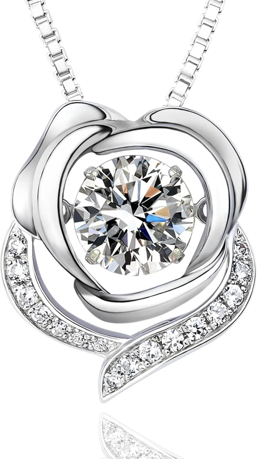 Silver Necklace for Women, Dancing Diamond Cubic Zirconia Rose Flower Pendant with 18" 2" Adjustable Chain, Anniversary, Birthday, Gifts For Mom, Wife, Gifts for Her