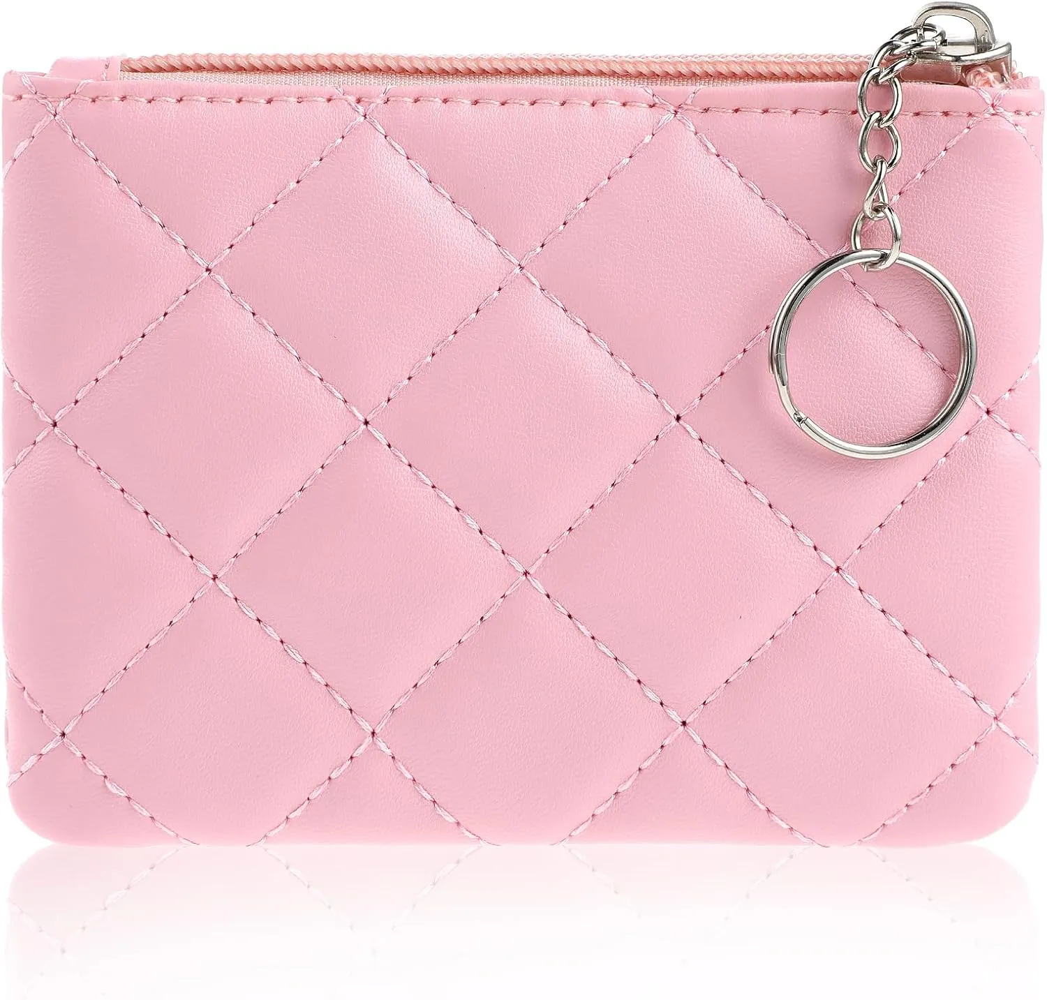 simarro Small Coin Purse for Women, Rhombus Embroidery PU Zipper Coin Purse Portable Change Wallet Short Ladies Coin Purse with Keychain Zipper Coin Pocket For Girl Women Ladies(Pink)