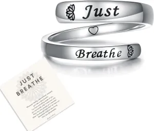 Sterling Silver Just Breathe Ring: Inspirational Encouragement Rings Adjustable I Am Fearless Motivational Jewelry Gift for Women