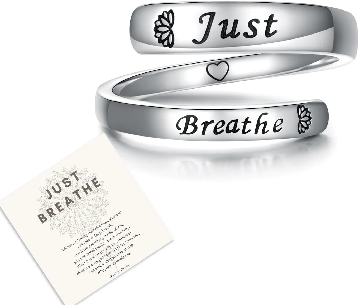 Sterling Silver Just Breathe Ring: Inspirational Encouragement Rings Adjustable I Am Fearless Motivational Jewelry Gift for Women