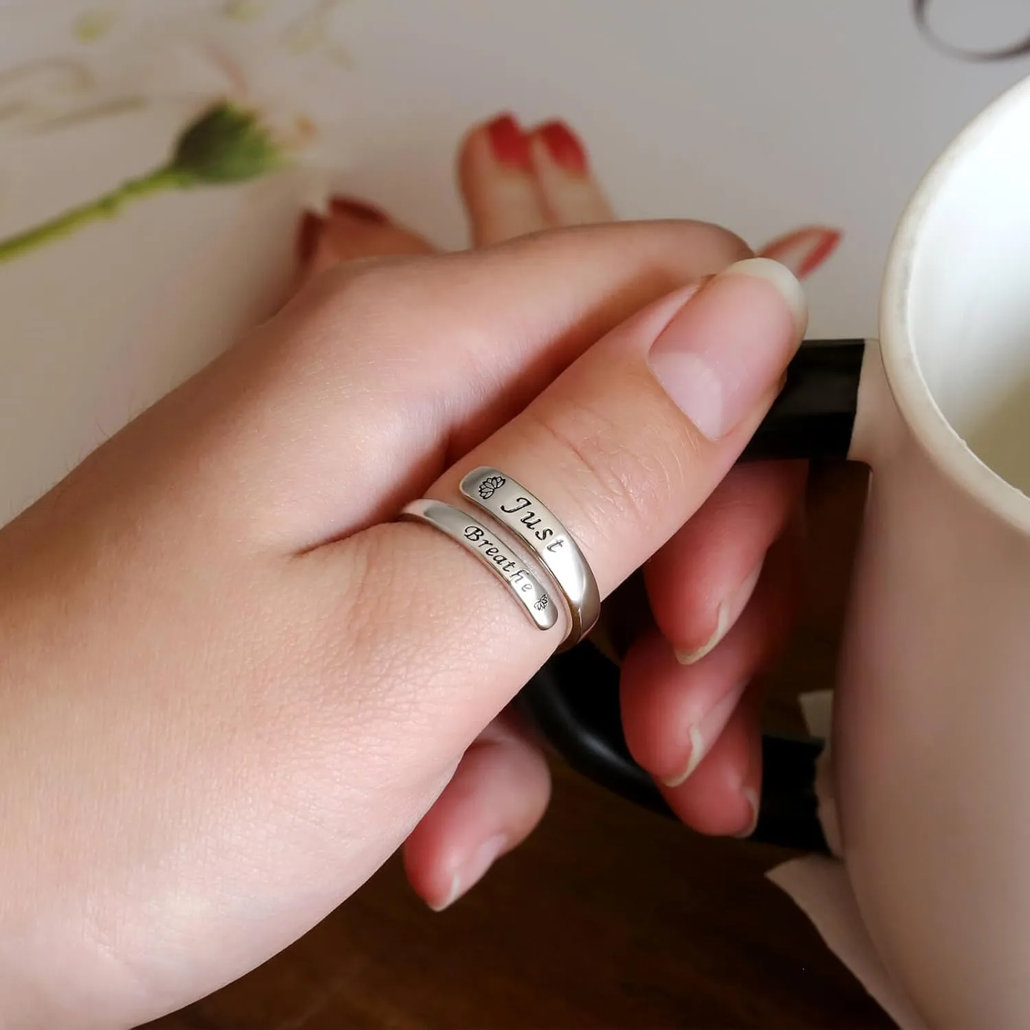 Sterling Silver Just Breathe Ring: Inspirational Encouragement Rings Adjustable I Am Fearless Motivational Jewelry Gift for Women