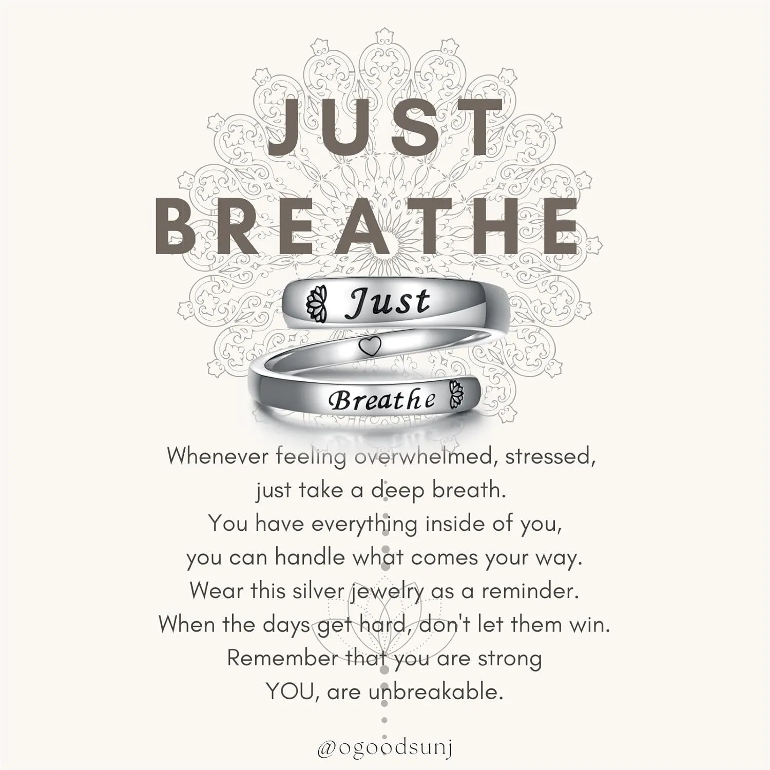 Sterling Silver Just Breathe Ring: Inspirational Encouragement Rings Adjustable I Am Fearless Motivational Jewelry Gift for Women