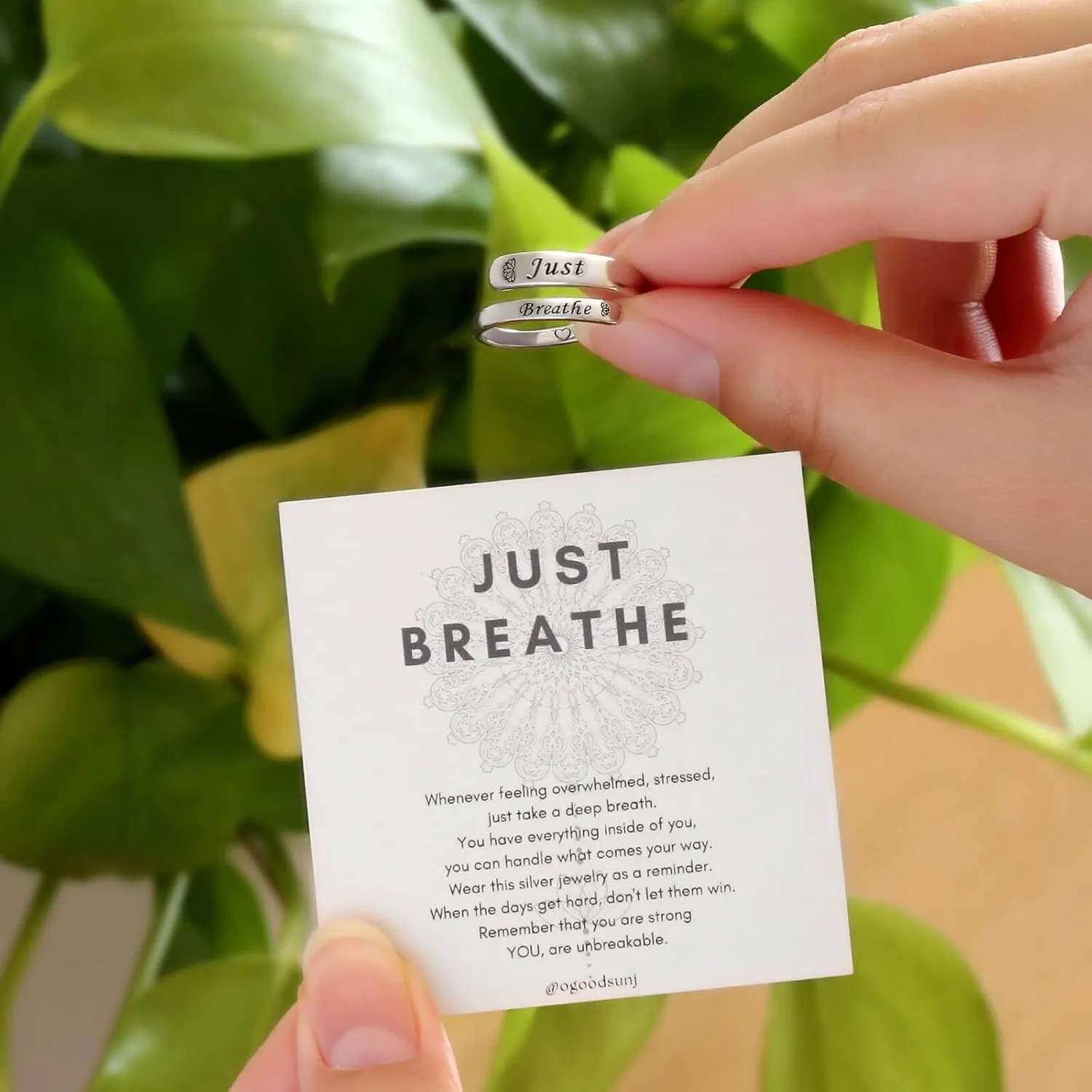 Sterling Silver Just Breathe Ring: Inspirational Encouragement Rings Adjustable I Am Fearless Motivational Jewelry Gift for Women