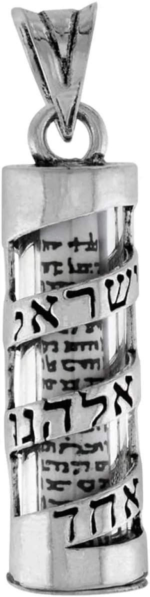 Sterling Silver Mezuzah Necklace Spiral Shema Israel Over Glass Case Paper Parchment 1 1/4 inch Available with or Without a Chain