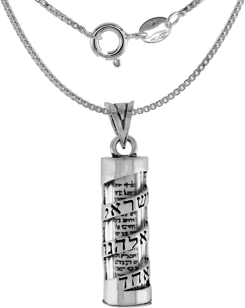 Sterling Silver Mezuzah Necklace Spiral Shema Israel Over Glass Case Paper Parchment 1 1/4 inch Available with or Without a Chain