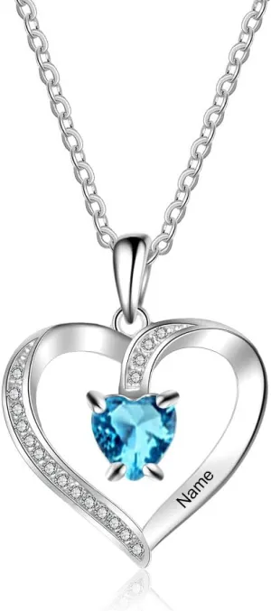 URONE 925 Sterling Silver Personalized Heart Name Pendant Necklace with Custom Birthstone Best Jewelry for Women