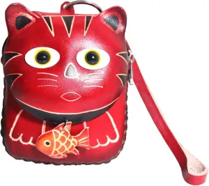 Xeerfan Cute Leather Coin Purse, Small 3D Cartoon Change Purse for Coin Key Earphone, Zipper Waller for Girls & Boys Ladies, Red Cat