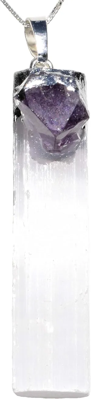 Zenergy Gems Selenite Charged Electroformed Natural Selenite & Amethyst Pendant   20" Stainless Steel Chain   Baby Selenite Pocket Puffy Heart [Included]