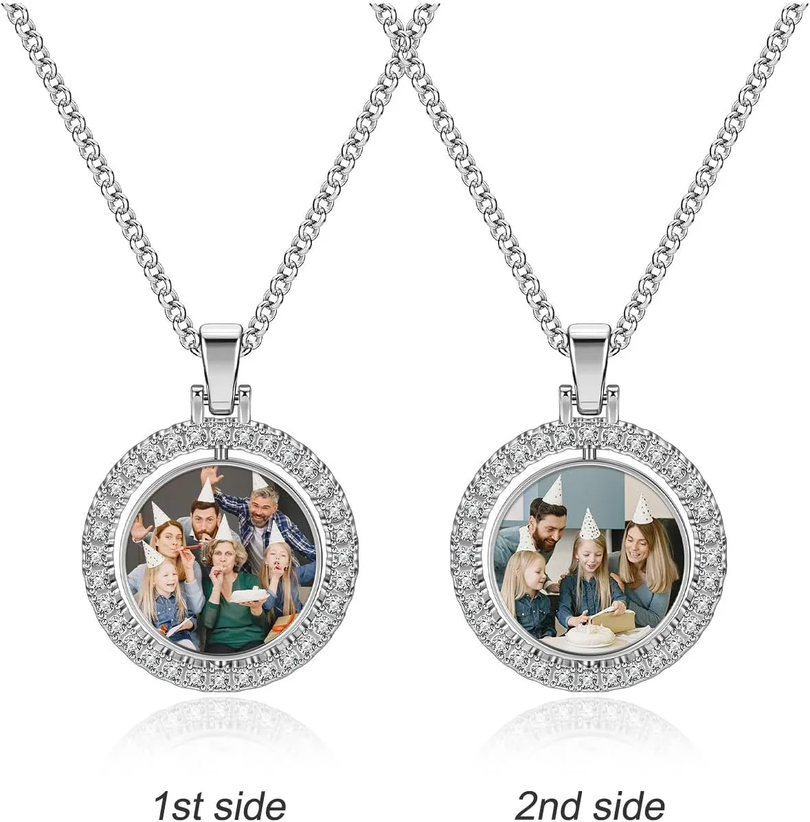 Zysta Personalized Picture Necklace Double Sided Photo Custom Memory Pendant Full Color Photo Engraved Rotating Necklace Hip Hop Jewelry for Men and Women